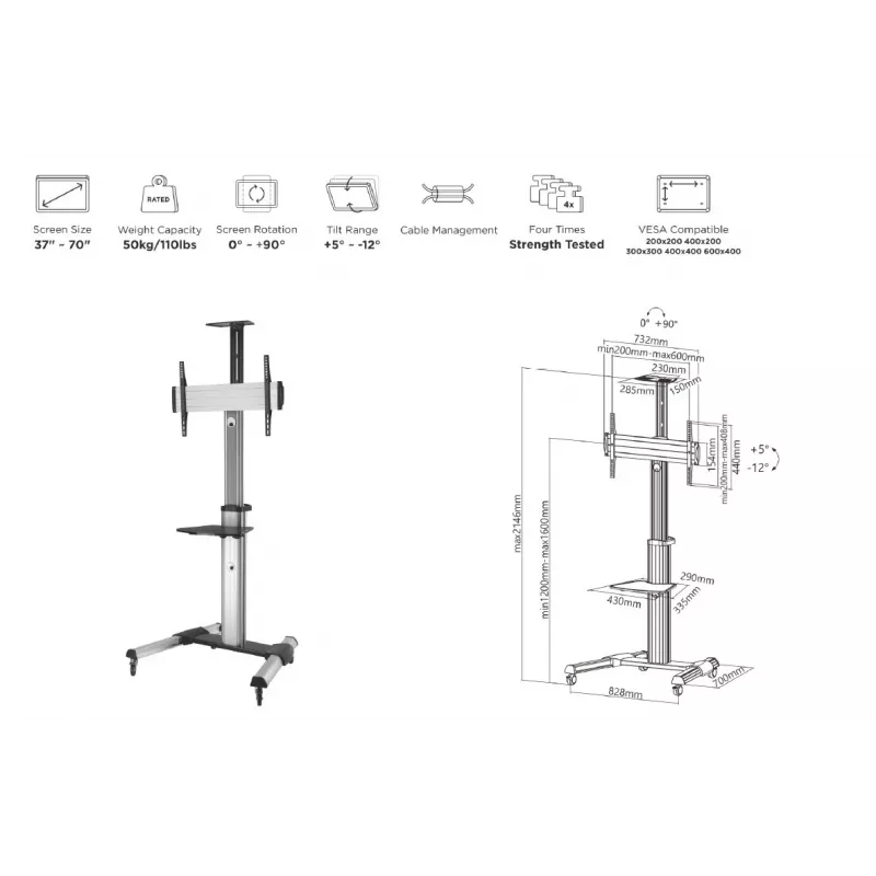 Equip 650602 37-70“ 90° drehbarer Einzeldisplay-LFD-Rollwagen, 50 kg, 94 cm (37 Zoll), 177,8 cm (70 Zoll), 200 x 200 mm, 600 x 400 mm, -12 - 5°