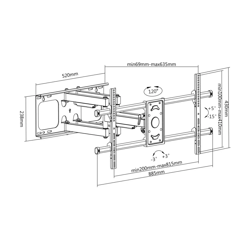 Equip 37–90 Zoll neig-/schwenkbare TV-Wandhalterung, 200 x 200 mm, 816 x 410 mm, -15 - 5°, -60 - 60°, Stahl, Schwarz