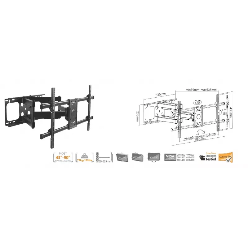 Equip 37–90 Zoll neig-/schwenkbare TV-Wandhalterung, 200 x 200 mm, 816 x 410 mm, -15 - 5°, -60 - 60°, Stahl, Schwarz