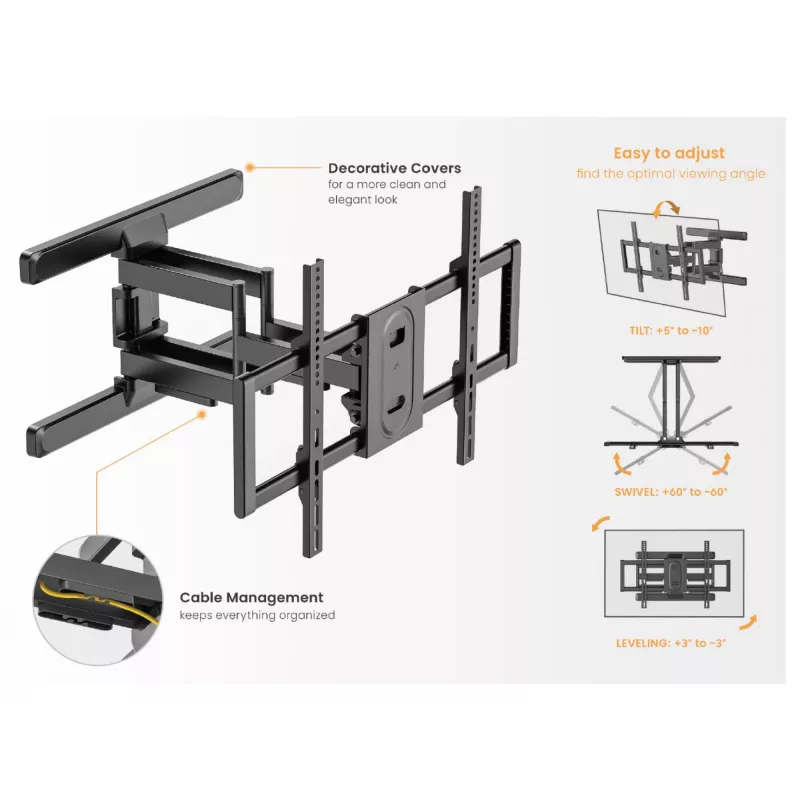 Equip 43–100 Zoll Full-Motion-TV-Wandhalterung, 200 x 200 mm, 800 x 400 mm, -10 - 5°, -60 - 60°, Kunststoff, Edelstahl, Schwarz