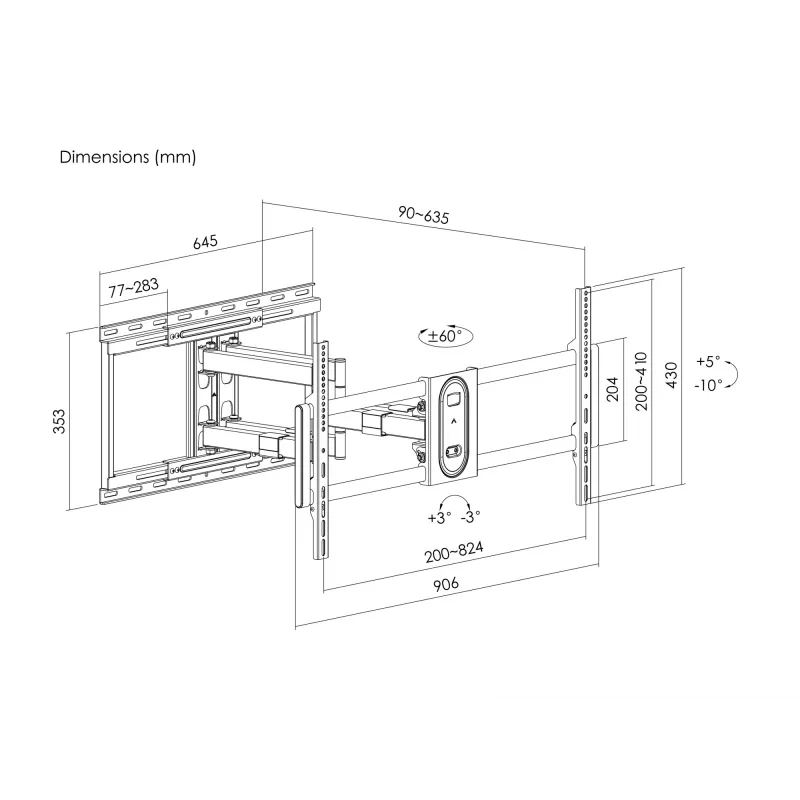 Equip 43–100 Zoll Full-Motion-TV-Wandhalterung, 200 x 200 mm, 800 x 400 mm, -10 - 5°, -60 - 60°, Kunststoff, Edelstahl, Schwarz