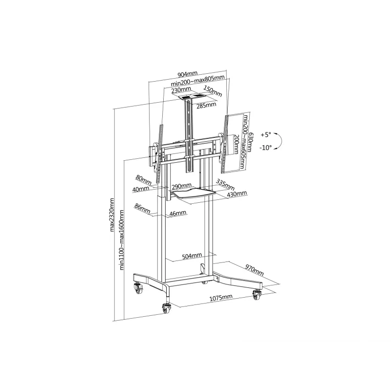 Equip 55 Zoll-100 Zoll mobiler motorisierter LFD-Wagen, 2,54 m (100 Zoll), 200 x 200 mm, 800 x 600 mm, -10 - 5°, Aluminium, Kunststoff, Edelstahl, Schwarz