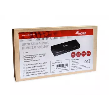 Equip Ultra schlank 4-Port HDMI 2.0 Splitter, HDMI, 4x HDMI, 3840 x 2160 Pixel, Schwarz, Aluminium, 4K Ultra HD