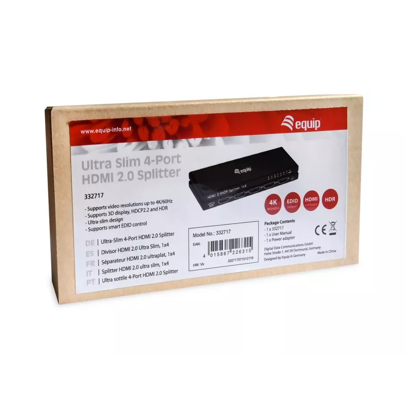 Equip Ultra schlank 4-Port HDMI 2.0 Splitter, HDMI, 4x HDMI, 3840 x 2160 Pixel, Schwarz, Aluminium, 4K Ultra HD