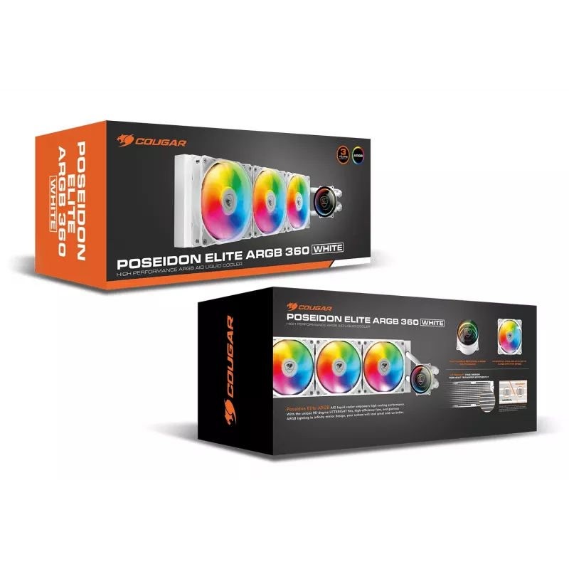 COUGAR CPU-Wasserkühlung, Poseidon Elite 360, ARGB, Weiß, All-in-One-Flüssigkeitskühler, 12 cm, 500 U/min, 2200 U/min, Weiß