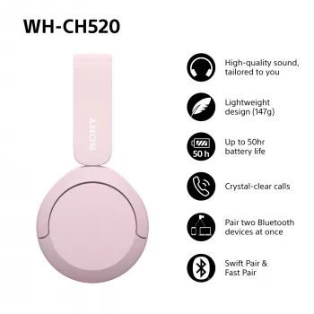 Sony WHCH520P.CE7, kabellos, 20 - 20000 Hz, Telefonate/Musik, 147 g, Headset, Pink