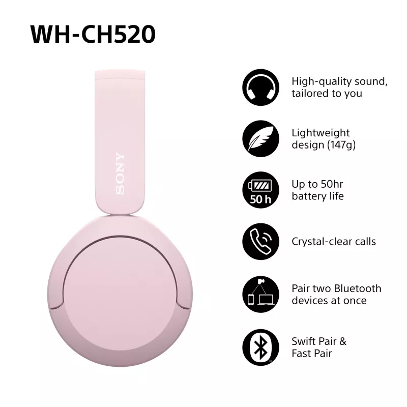 Sony WHCH520P.CE7, kabellos, 20 - 20000 Hz, Telefonate/Musik, 147 g, Headset, Pink