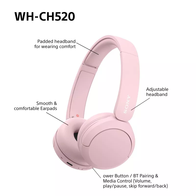 Sony WHCH520P.CE7, kabellos, 20 - 20000 Hz, Telefonate/Musik, 147 g, Headset, Pink