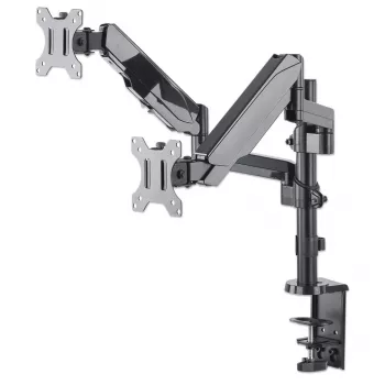 Manhattan Dual-Desk-Mount für TV & Monitore (Gasdruckfeder mit Vollbewegung), Für Bildschirme von 10 Zoll bis 27 Zoll, Klemm- oder Tüllenmontage, VESA-Kompatibilität: 75x75 und 100x100 mm - überprüfen Sie die Abmessungen der vier Befestigungslöcher auf der Rückseite des Bildschirms, um sicherzustellen, dass es passt, Max. 8 kg (jeweils)
