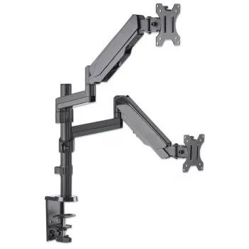 Manhattan Dual-Desk-Mount für TV & Monitore (Gasdruckfeder mit Vollbewegung), Für Bildschirme von 10 Zoll bis 27 Zoll, Klemm- oder Tüllenmontage, VESA-Kompatibilität: 75x75 und 100x100 mm - überprüfen Sie die Abmessungen der vier Befestigungslöcher auf der Rückseite des Bildschirms, um sicherzustellen, dass es passt, Max. 8 kg (jeweils)