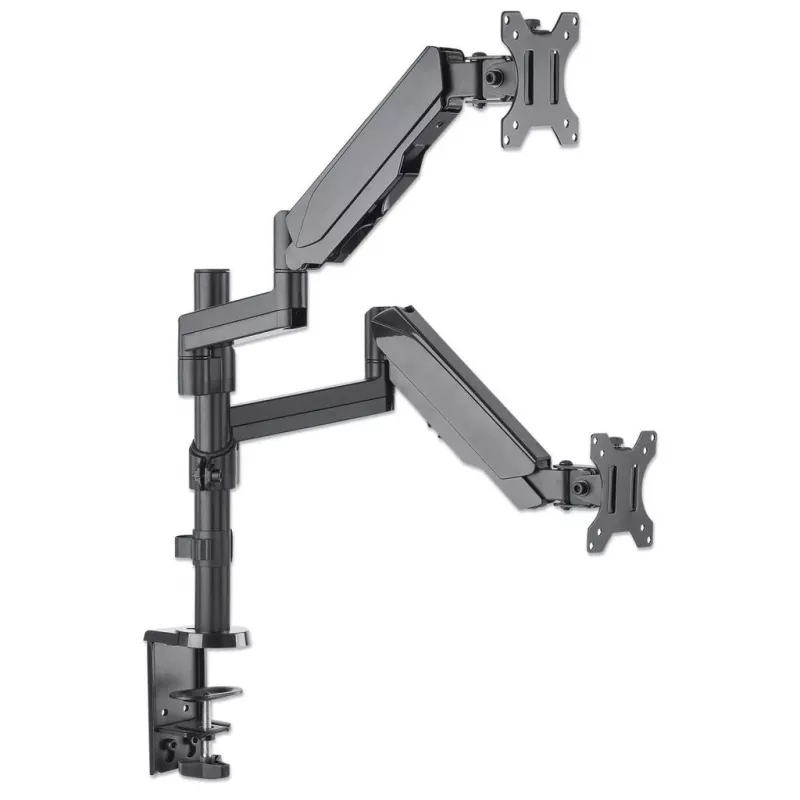 Manhattan Dual-Desk-Mount für TV & Monitore (Gasdruckfeder mit Vollbewegung), Für Bildschirme von 10 Zoll bis 27 Zoll, Klemm- oder Tüllenmontage, VESA-Kompatibilität: 75x75 und 100x100 mm - überprüfen Sie die Abmessungen der vier Befestigungslöcher auf der Rückseite des Bildschirms, um sicherzustellen, dass es passt, Max. 8 kg (jeweils)