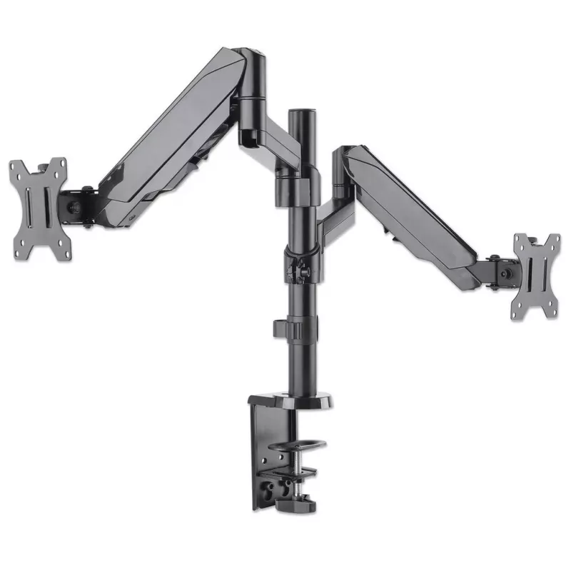Manhattan Dual-Desk-Mount für TV & Monitore (Gasdruckfeder mit Vollbewegung), Für Bildschirme von 10 Zoll bis 27 Zoll, Klemm- oder Tüllenmontage, VESA-Kompatibilität: 75x75 und 100x100 mm - überprüfen Sie die Abmessungen der vier Befestigungslöcher auf der Rückseite des Bildschirms, um sicherzustellen, dass es passt, Max. 8 kg (jeweils)