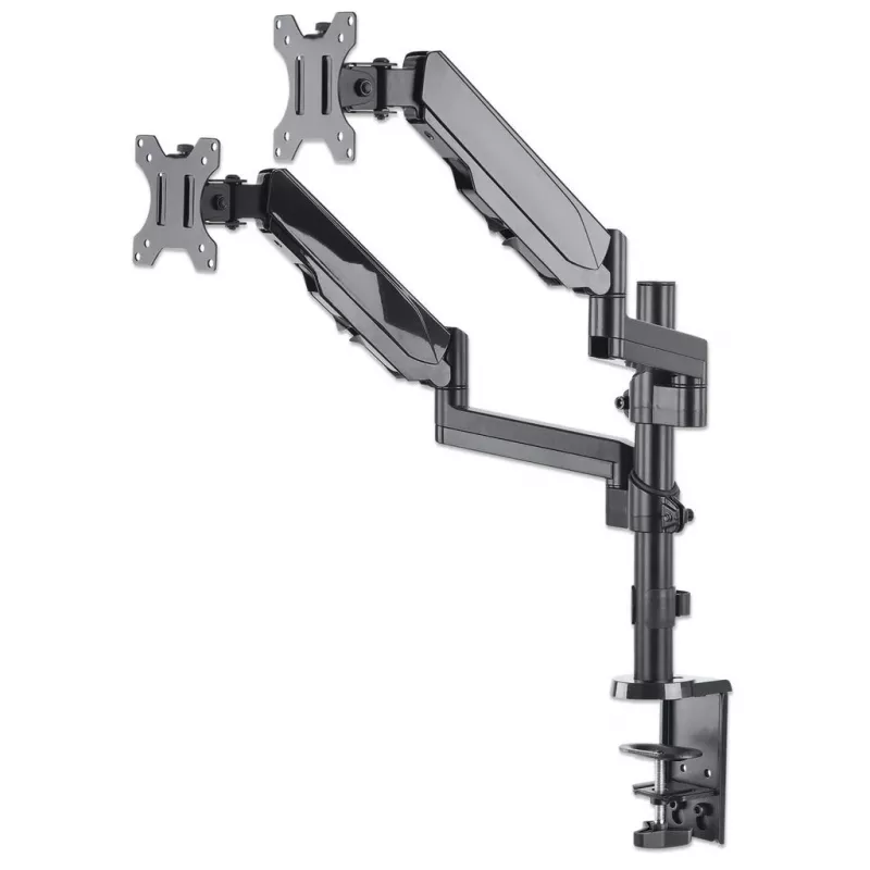 Manhattan Dual-Desk-Mount für TV & Monitore (Gasdruckfeder mit Vollbewegung), Für Bildschirme von 10 Zoll bis 27 Zoll, Klemm- oder Tüllenmontage, VESA-Kompatibilität: 75x75 und 100x100 mm - überprüfen Sie die Abmessungen der vier Befestigungslöcher auf der Rückseite des Bildschirms, um sicherzustellen, dass es passt, Max. 8 kg (jeweils)
