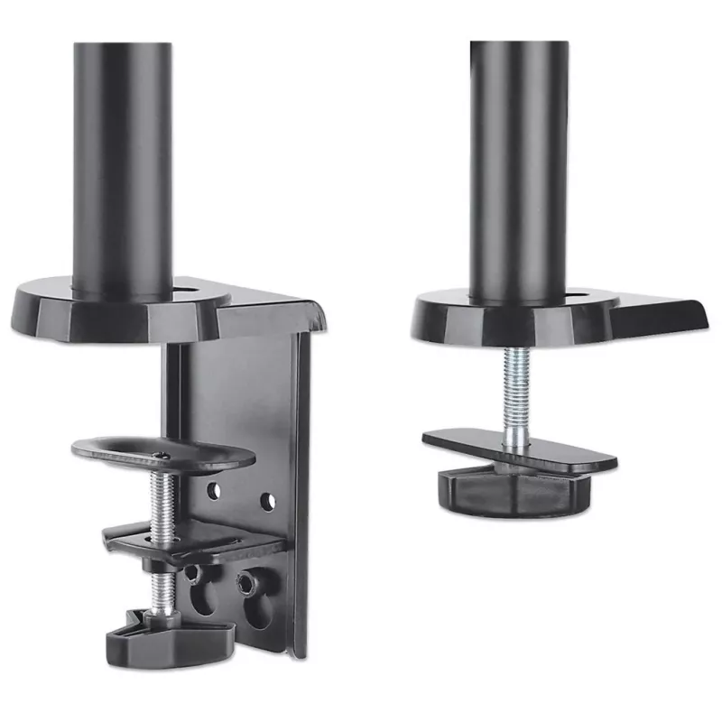 Manhattan Dual-Desk-Mount für TV & Monitore (Gasdruckfeder mit Vollbewegung), Für Bildschirme von 10 Zoll bis 27 Zoll, Klemm- oder Tüllenmontage, VESA-Kompatibilität: 75x75 und 100x100 mm - überprüfen Sie die Abmessungen der vier Befestigungslöcher auf der Rückseite des Bildschirms, um sicherzustellen, dass es passt, Max. 8 kg (jeweils)