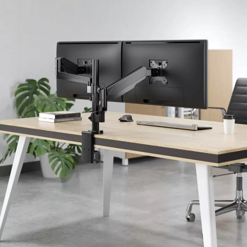 Manhattan Dual-Desk-Mount für TV & Monitore (Gasdruckfeder mit Vollbewegung), Für Bildschirme von 10 Zoll bis 27 Zoll, Klemm- oder Tüllenmontage, VESA-Kompatibilität: 75x75 und 100x100 mm - überprüfen Sie die Abmessungen der vier Befestigungslöcher auf der Rückseite des Bildschirms, um sicherzustellen, dass es passt, Max. 8 kg (jeweils)