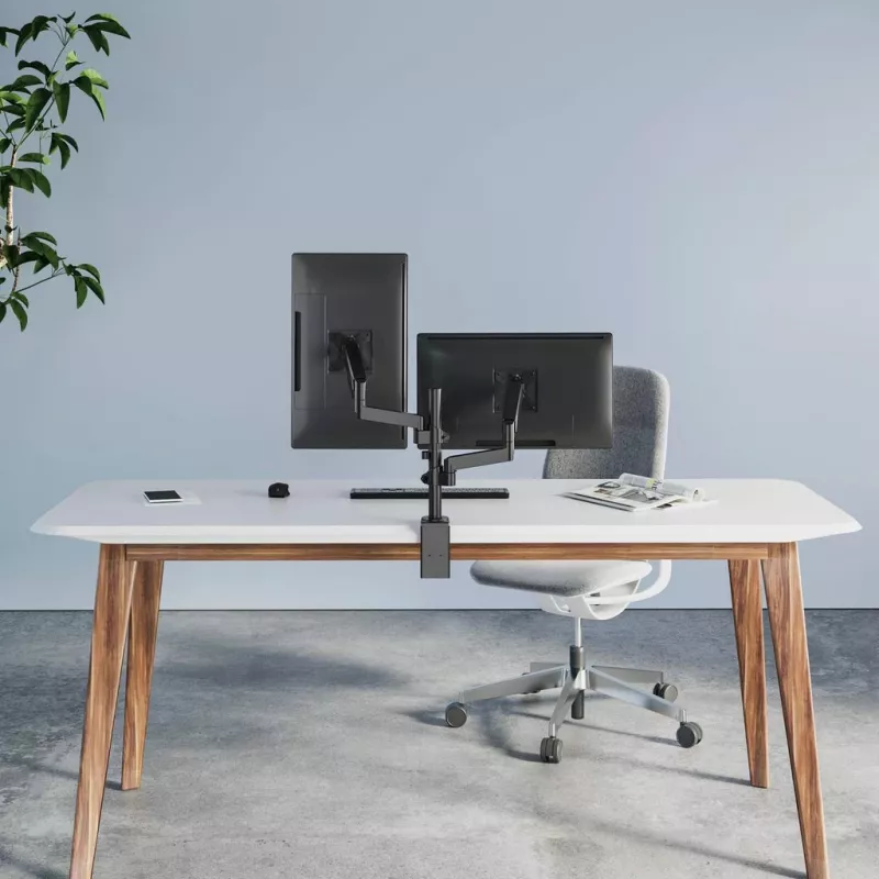 Manhattan Dual-Desk-Mount für TV & Monitore (Gasdruckfeder mit Vollbewegung), Für Bildschirme von 10 Zoll bis 27 Zoll, Klemm- oder Tüllenmontage, VESA-Kompatibilität: 75x75 und 100x100 mm - überprüfen Sie die Abmessungen der vier Befestigungslöcher auf der Rückseite des Bildschirms, um sicherzustellen, dass es passt, Max. 8 kg (jeweils)