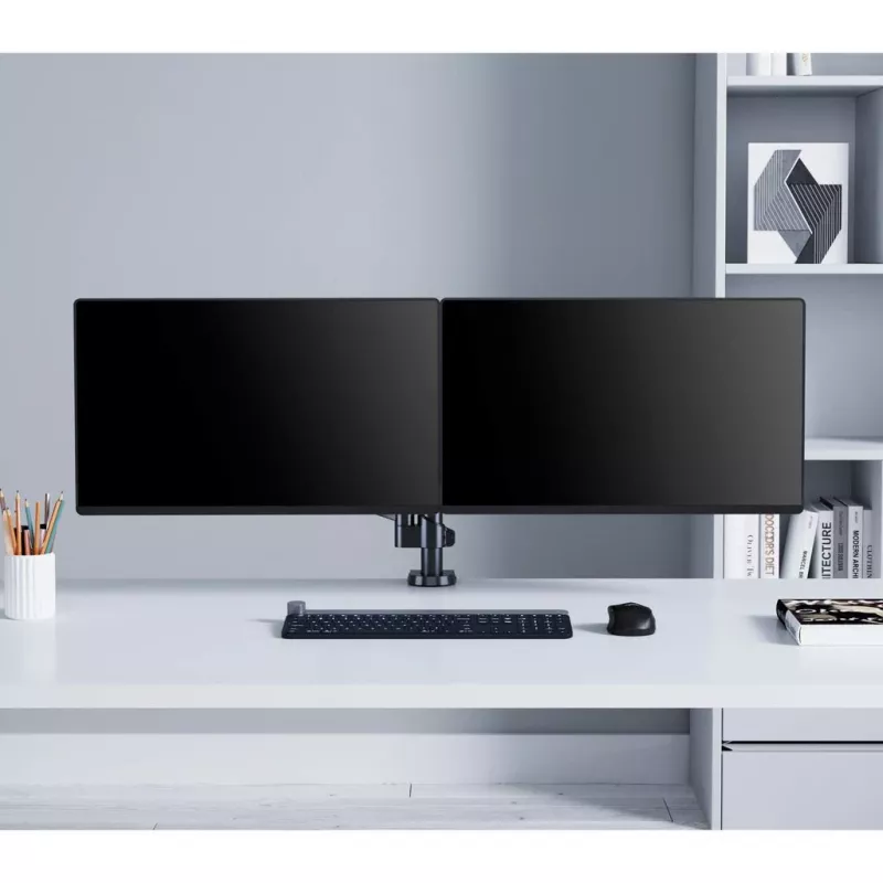 Manhattan Dual-Desk-Mount für TV & Monitore (Gasdruckfeder mit Vollbewegung), Für Bildschirme von 10 Zoll bis 27 Zoll, Klemm- oder Tüllenmontage, VESA-Kompatibilität: 75x75 und 100x100 mm - überprüfen Sie die Abmessungen der vier Befestigungslöcher auf der Rückseite des Bildschirms, um sicherzustellen, dass es passt, Max. 8 kg (jeweils)
