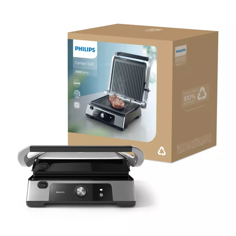 Philips 5000 series Kontaktgrill, Aluminium, Rechteckig, Drehbar, 200 °C, Klappdeckel, Verschlussdeckel, 180°