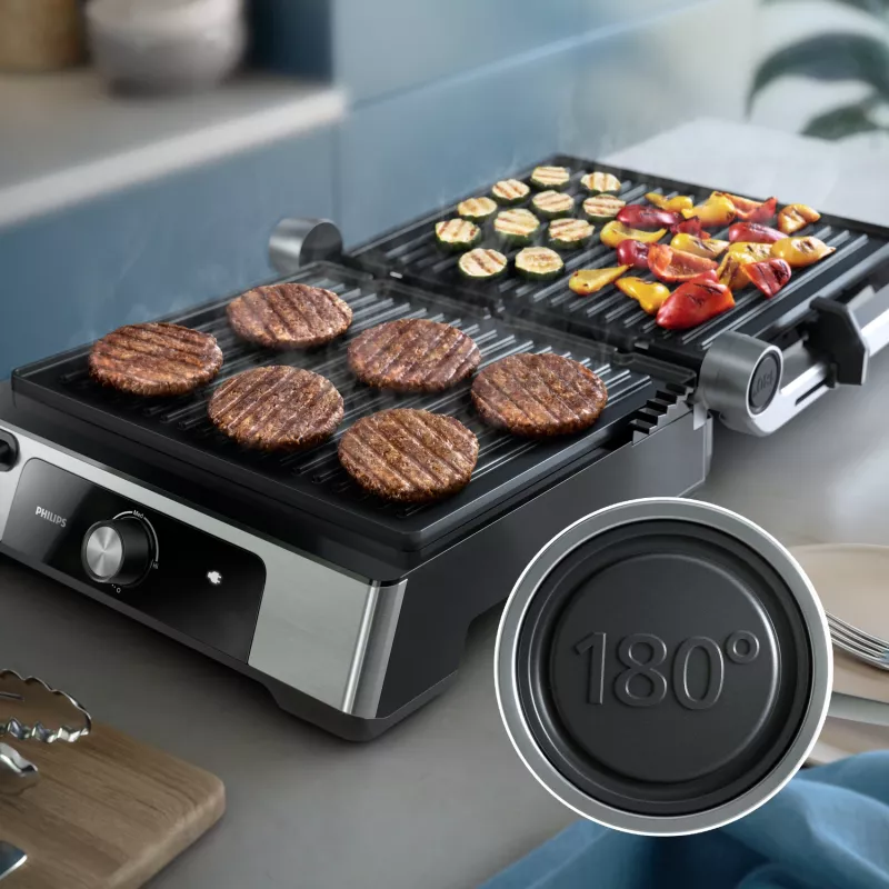 Philips 5000 series Kontaktgrill, Aluminium, Rechteckig, Drehbar, 200 °C, Klappdeckel, Verschlussdeckel, 180°