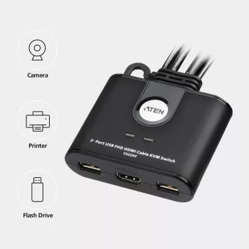 ATEN 2-Port USB FHD HDMI Kabel KVM-Switch, 1920 x 1200 Pixel, Full HD, 1,518 W, Schwarz