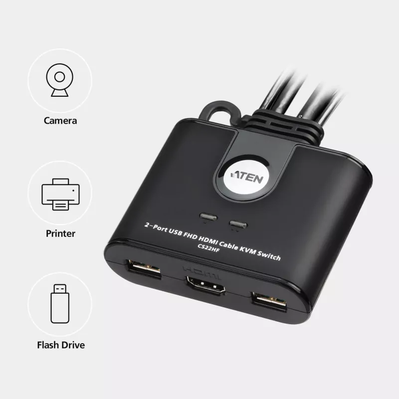 ATEN 2-Port USB FHD HDMI Kabel KVM-Switch, 1920 x 1200 Pixel, Full HD, 1,518 W, Schwarz