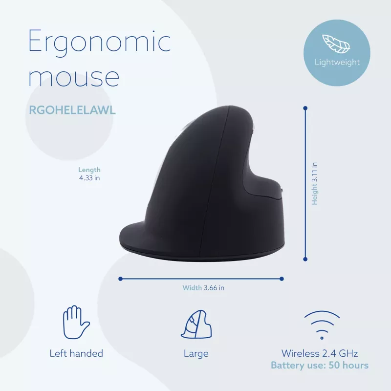 R-Go Tools Ergonomische Maus R-Go HE Break mit Pausensoftware, groß (Handgröße ≥ 185 mm), linkshändig, Bluetooth, schwarz