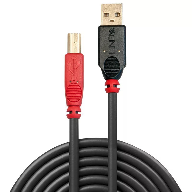 Lindy 10m USB 2.0 Aktivkabel Typ A auf B, 10 m, USB A, USB B, USB 2.0, Stecker/Stecker, Schwarz, Rot