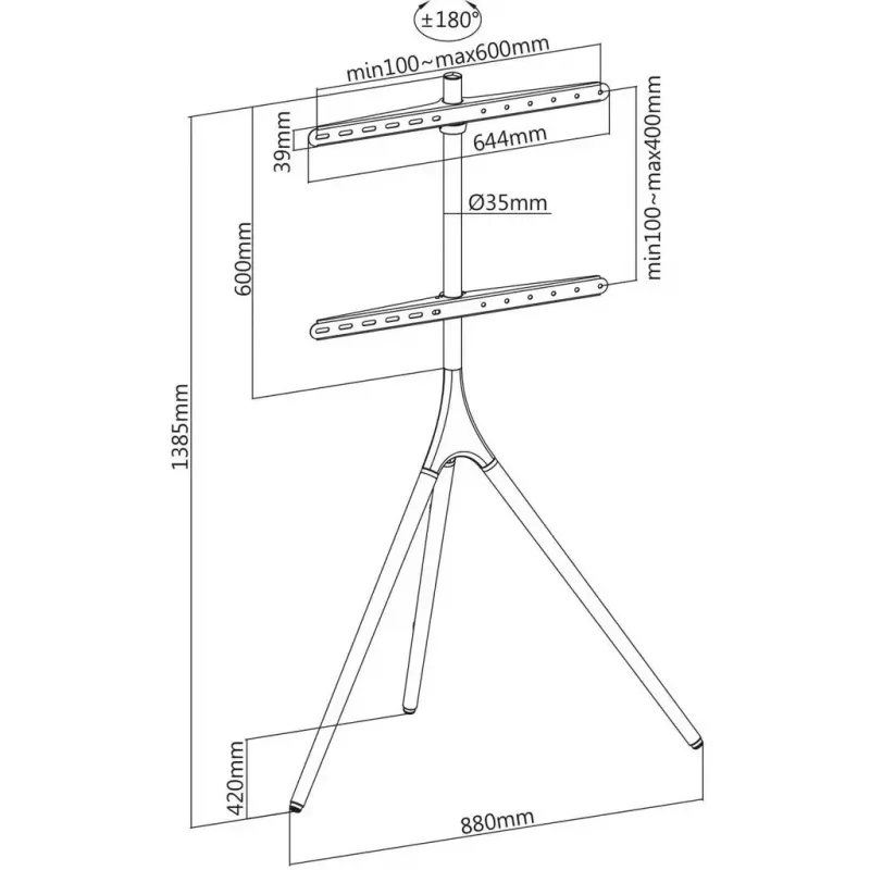 Tragbarer TV-Ständer im Staffelei-Stil, Manhattan, 1 Bildschirm, 37–65 Zoll, VESA 200x200 bis 600x400 mm, max. 32 kg