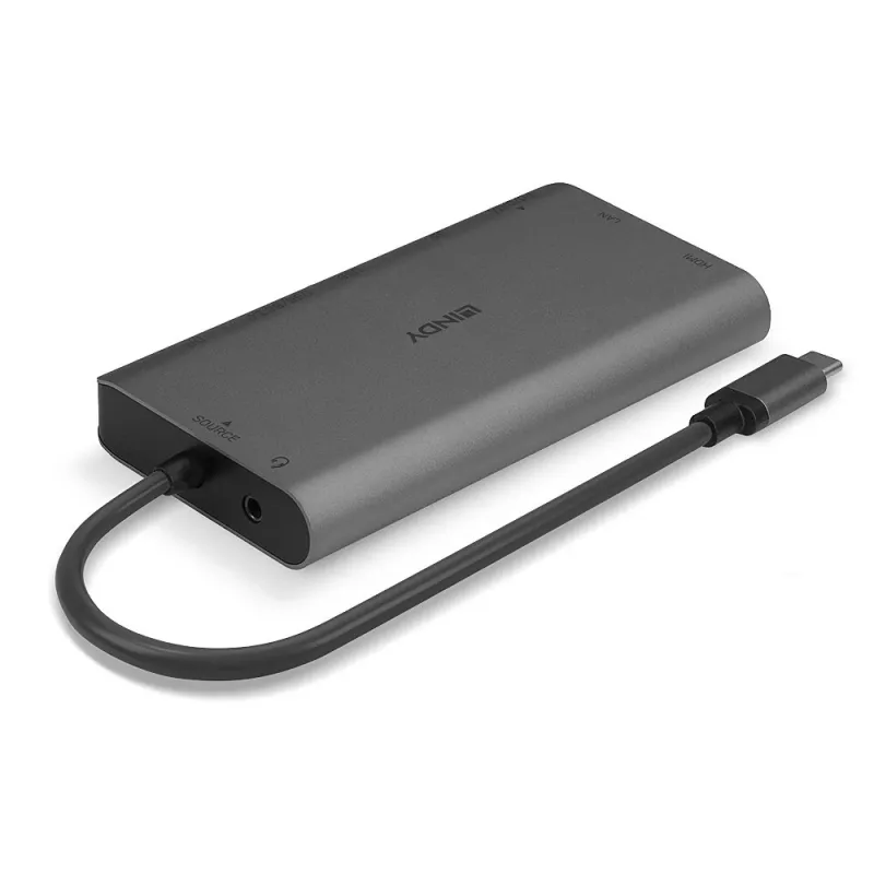 Lindy DST-Mini XT, USB-C Laptop Mini Dockingstation mit Einzelbildschirm (4K) oder Doppelbildschirm (Full HD) und 100W Durchgangsladung
