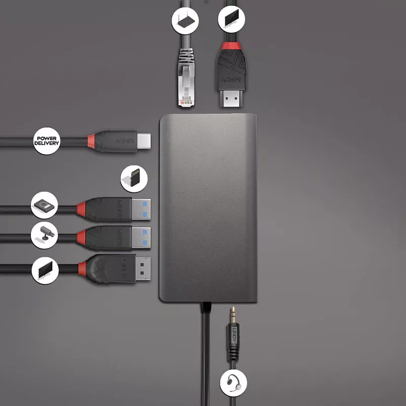 Lindy DST-Mini XT, USB-C Laptop Mini Dockingstation mit Einzelbildschirm (4K) oder Doppelbildschirm (Full HD) und 100W Durchgangsladung