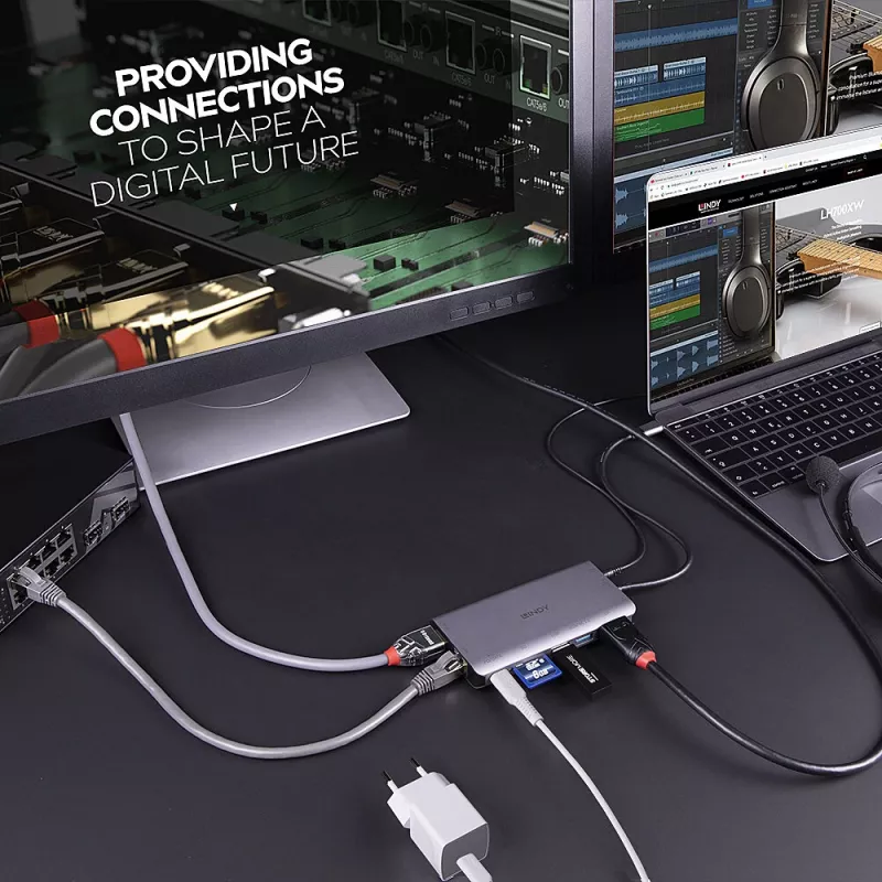 Lindy DST-Mini XT, USB-C Laptop Mini Dockingstation mit Einzelbildschirm (4K) oder Doppelbildschirm (Full HD) und 100W Durchgangsladung