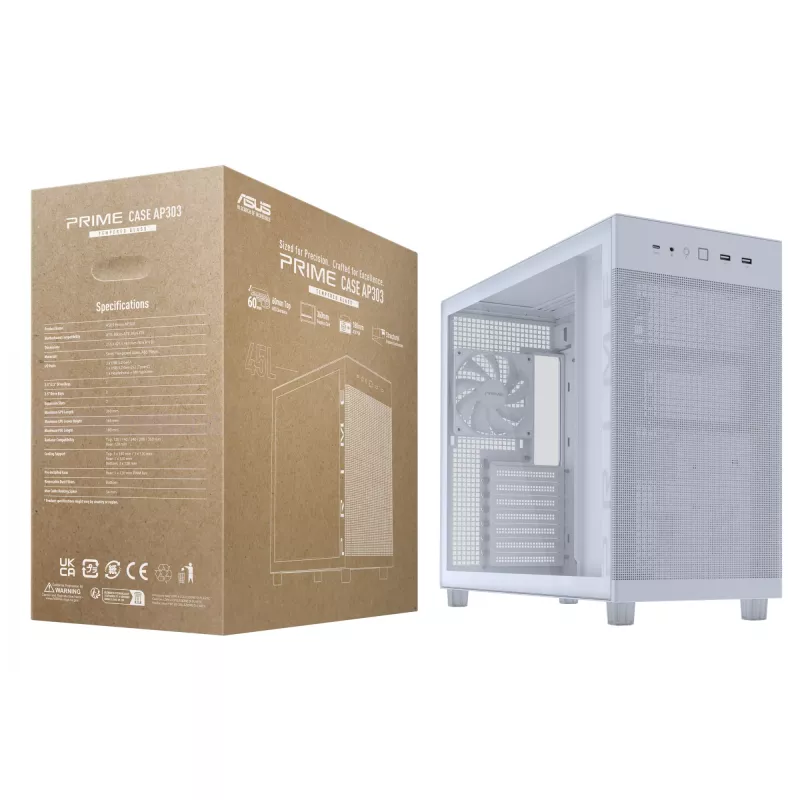 PC-Gehäuse ASUS PRIME AP303 TG White — ATX/Micro-ATX/Mini-ITX, gehärtetes Glas, USB-C, 360 mm GPU-Unterstützung