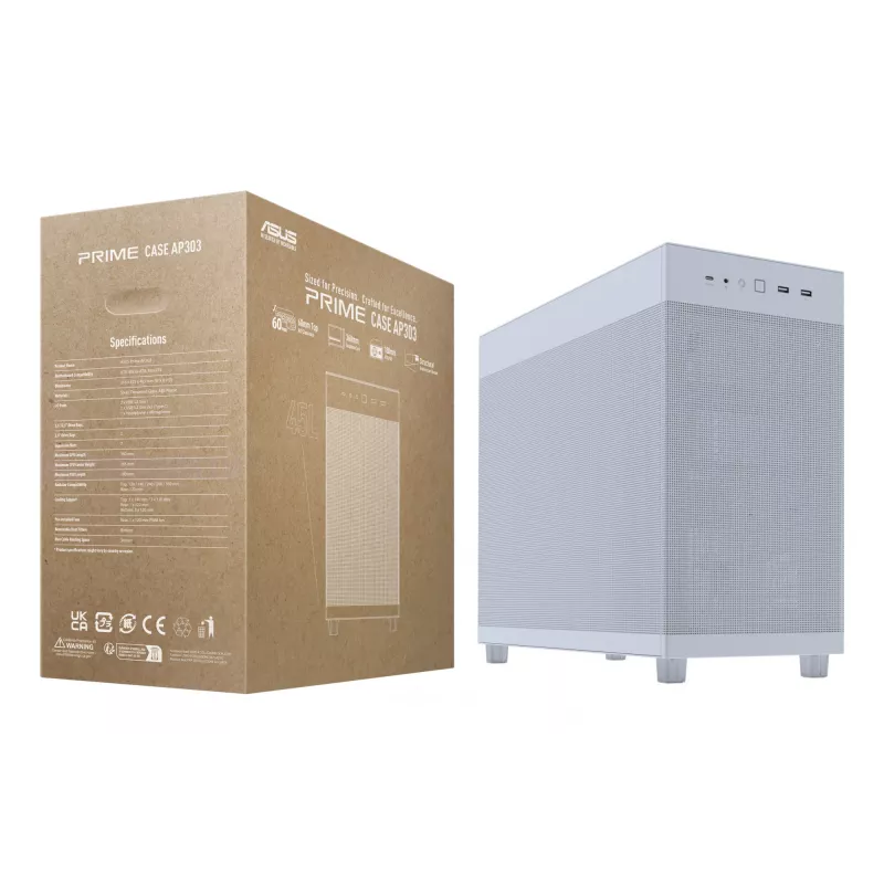 PC-Gehäuse ASUS PRIME AP303 Mesh Midi Tower Weiß — ATX/Micro ATX/Mini-ITX, GPU bis 36 cm, PSU bis 18 cm, CPU-Kühlerhöhe 16,5 cm