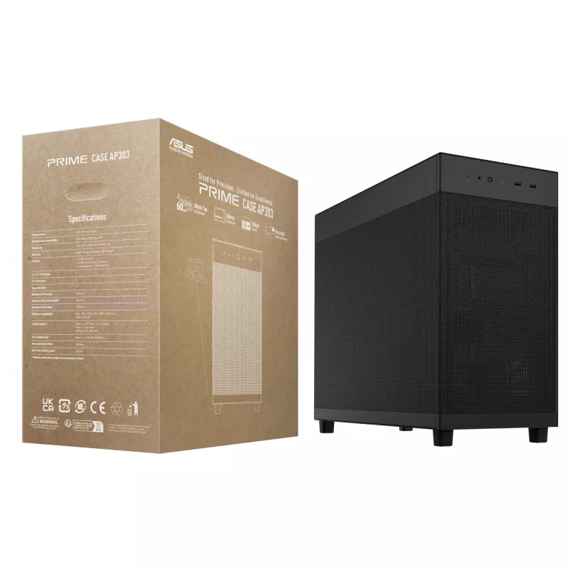PC-Gehäuse ASUS Prime AP303 Mesh Midi Tower — ATX, unterstützt GPU 36 cm, CPU-Kühler 165 mm, USB-A 2×, USB-C 1