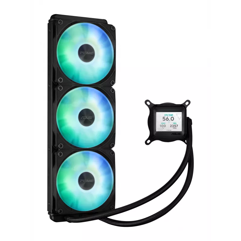 All-in-One-Flüssigkeitskühler ASUS Prime LC 360 ARGB LCD — 360-mm-Radiator, 3x 120-mm-Lüfter, LCD, PWM, Schwarz
