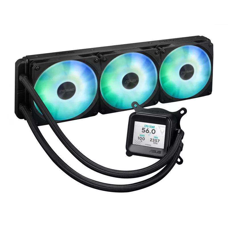 All-in-One-Flüssigkeitskühler ASUS Prime LC 360 ARGB LCD — 360-mm-Radiator, 3x 120-mm-Lüfter, LCD, PWM, Schwarz
