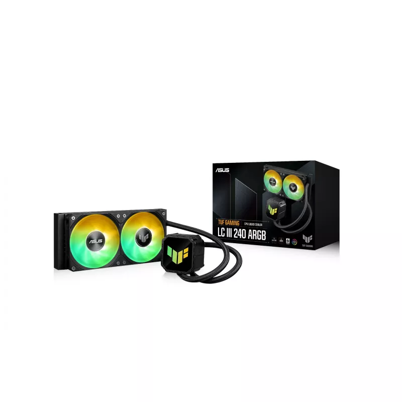 All-in-One-Flüssigkeitskühler ASUS TUF GAMING LC III 240 ARGB — 240-mm-Radiator, 2 x 120-mm-ARGB-Lüfter, Sockel AM5-Unterstützung, Schwarz