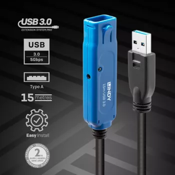 Lindy 15m USB 3.0 Active Extension Pro, 15 m, USB A, USB A, USB 3.2 Gen 1 (3.1 Gen 1), 5 Gbit/s, Schwarz