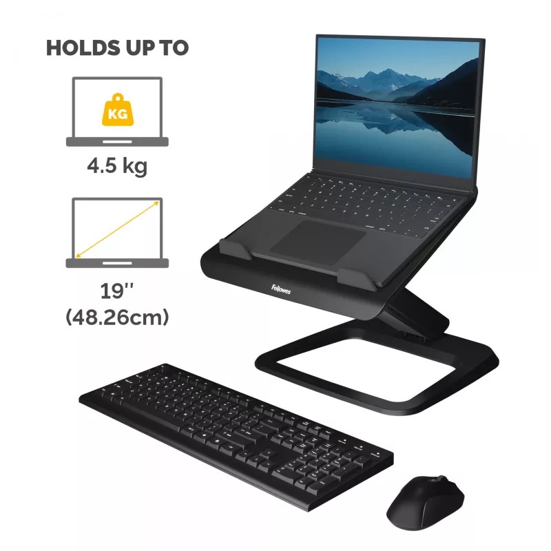 Fellowes Laptop-Ständer für den Schreibtisch – Hana LT Laptop-Ständer für Zuhause und Büro – Verstellbarer Laptop-Ständer mit 3 Höheneinstellungen – Max. Bildschirmgröße 19 Zoll, Max. Gewicht 4,5 kg – Schwarz