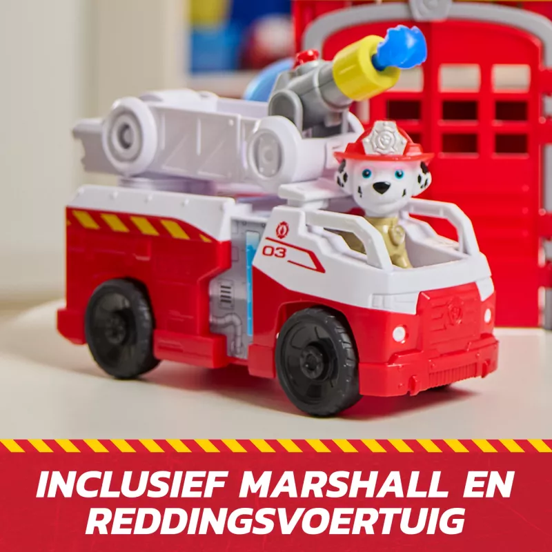 PAW Patrol Fire Rescue Command Center mit Marshall-Figur, Rettungsfeuerwehrauto, Lichter, Werfer & Soundeffekte, Kinderspielzeug für Jungen und Mädchen ab 3 Jahren