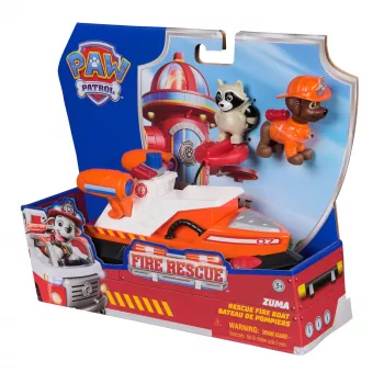 PAW Patrol Fire Rescue: Zuma Rettungs-Feuerwehrboot mit Actionfigur, abschießbarem Rettungsring, Waschbär & Spielzeugboot, Kinderspielzeug für Jungen & Mädchen ab 3 Jahren