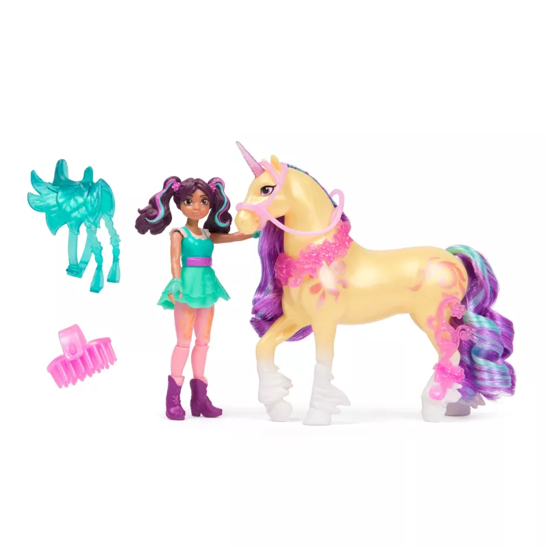 Mini-Puppenset Usorteret Unicorn Academy Ava & Leaf Power of Friendship mit durchscheinendem Sattel und 2 Zubehörteilen, 168 mm, Kunststoff