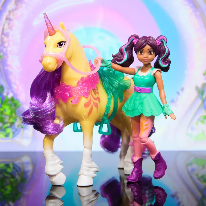 Mini-Puppenset Usorteret Unicorn Academy Ava & Leaf Power of Friendship mit durchscheinendem Sattel und 2 Zubehörteilen, 168 mm, Kunststoff