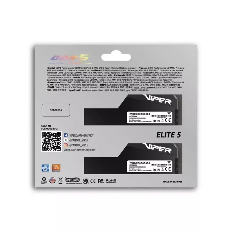 Desktop DDR5 RAM PATRIOT Viper Elite 5 Ultra 64GB (2x32GB) 6000MHz CL28 1,4V mit Kühlkörper