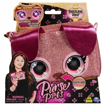 Purse Pets, Keepin’ It Clutch Dazzling Diva Welpen-Spielzeug und Handgelenktasche mit aufleuchtenden Regenbogenaugen, Spielzeug für Mädchen ab 4 Jahren