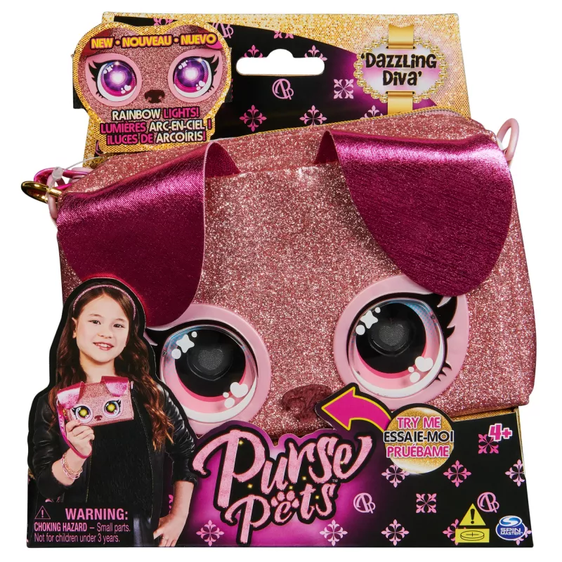 Purse Pets, Keepin’ It Clutch Dazzling Diva Welpen-Spielzeug und Handgelenktasche mit aufleuchtenden Regenbogenaugen, Spielzeug für Mädchen ab 4 Jahren