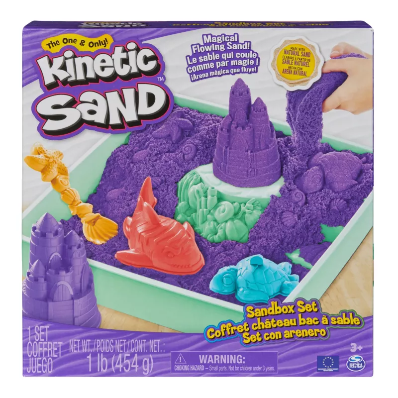 Kinetic Sand, Sandbox Set, Kreative Ostergeschenke, Enthält 453 g lila formbaren Spielsand, 4 Werkzeuge & Formen, Aufbewahrung, sensorisches Spielzeug für Kinder ab 3 Jahren