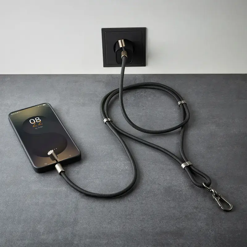 Intenso USB-C Lade-Lanyard Telefon-Halsbandkabel 60W Schnellladung verstellbare Länge 1,65m Nylon Schwarz