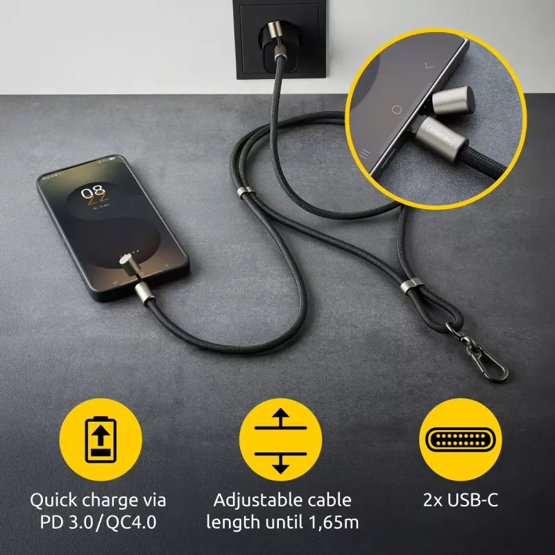 Intenso USB-C Lade-Lanyard Telefon-Halsbandkabel 60W Schnellladung verstellbare Länge 1,65m Nylon Schwarz