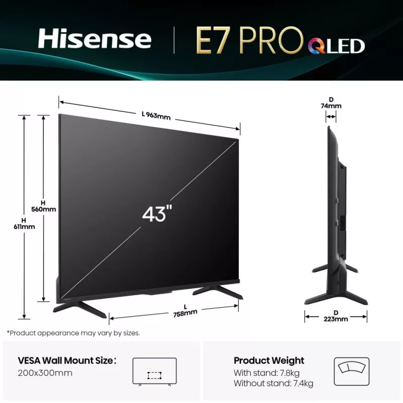 Hisense 43E77Q PRO 109,2 cm (43 Zoll) 4K Ultra HD Smart TV Wi-Fi Schwarz